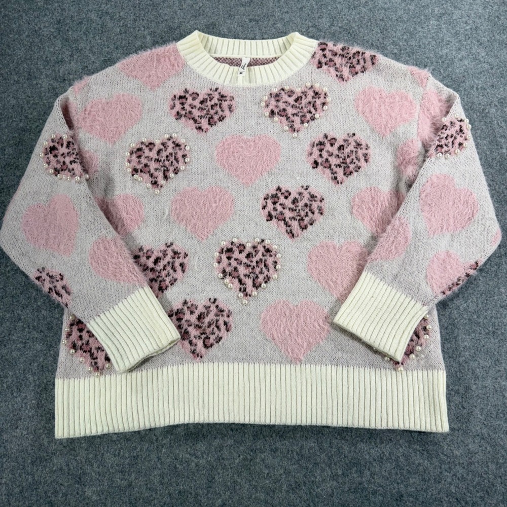 ePretty Chicago Heart Leopard Pearl Embellished Knit Sweater Pink Cream Medium